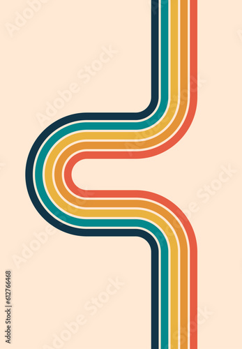 Retro stripes loop. 70s vintage lines. Trendy background wallpaper with copy space. Letter C or U. Infinite rainbow banner. Boho old fashioned backdrop. Brochure cover template. Vector illustration.  © Tasha Vector