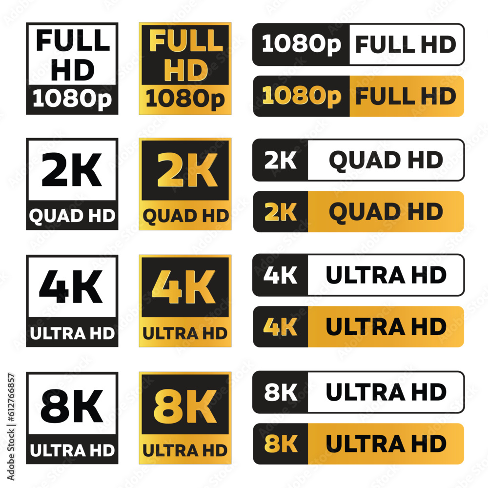 Icon Set Of 1080p Full Hd, 2k Quad Hd, 4k Ultra Hd, And 8k Ultra Hd ...