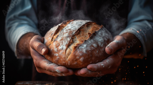 Hot bread in the hands of a male baker. Generative AI,