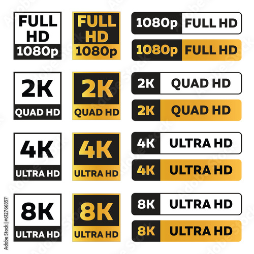 Icon set of 1080p full hd, 2k quad hd, 4k ultra hd, and 8k ultra hd video formats in black and gold color.  photo
