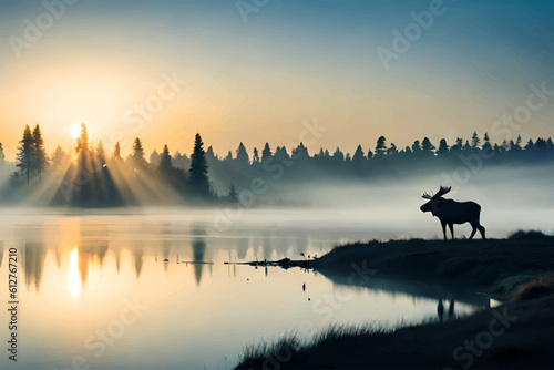 Moose in a foggy forest. Moose vector illustration.