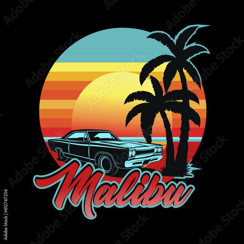 Malibu. Beach holiday, vintage car graphic t-shirt illustration design.