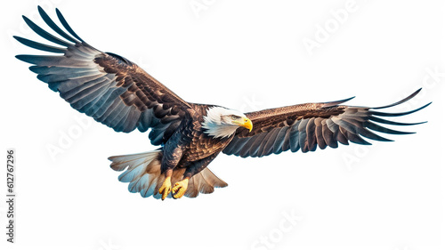 The bald eagle flies on a white background. Generative AI,