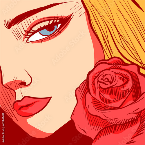 Digital art of a young blonde woman with blue eyes. Closeup illustration of a girl face and a red rose.