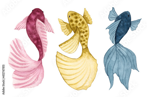 Set of stylized fish.Sea animals.Simple design.Pink yellow blue character. Watercolor illustration.Hand drawn isolated.