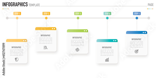 Rectangular infographic template or element with 5 step, process, option, colorful rectangle, square, arrow, note, label, tag, minimal, modern style for sale slide, schedule, planner, web, flyer