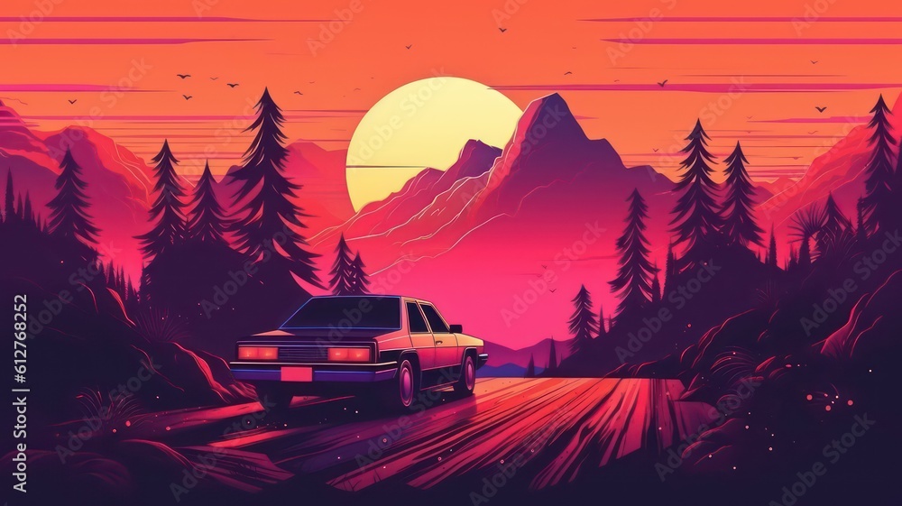 Summer vibes 80s style illustration with car driving into sunset. Generative AI Summer vibes 80s style illustration with car driving into sunset. Generative AI