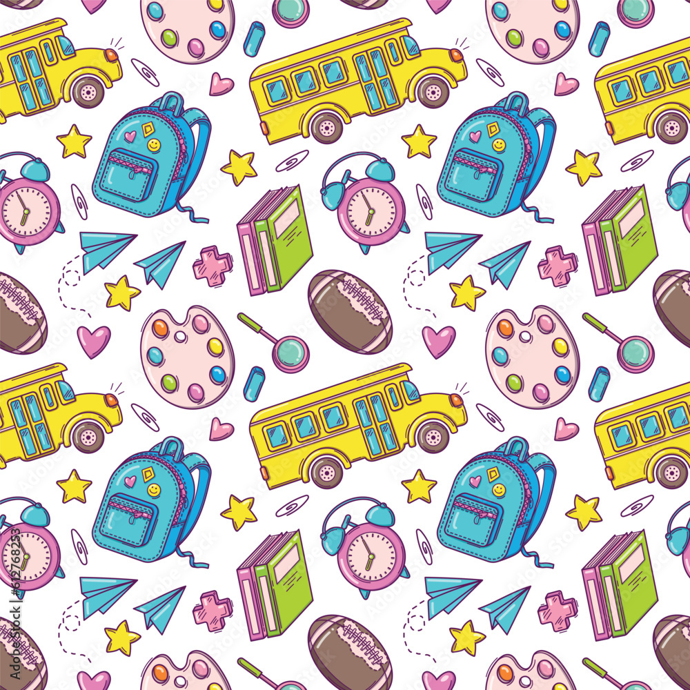 Bright seamless pattern with school supplies and creative elements in doodle style on white background. Back to school background