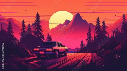 Summer vibes 80s style illustration with car driving into sunset. Generative AI