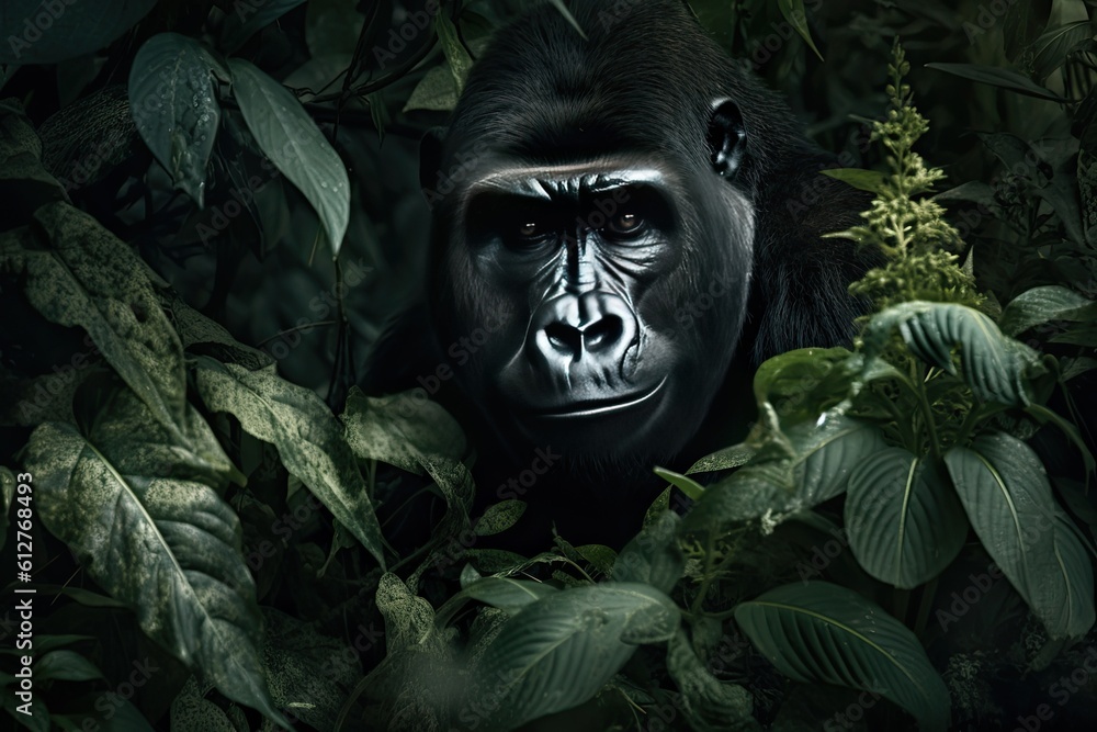 Beautiful gorilla peeking through leaves in the rainforest. Generative AI Beautiful gorilla peeking through leaves in the rainforest. Generative AI