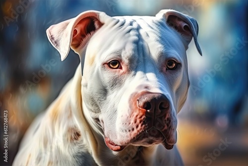 Portrait of a friendly and adorable white pitbull in light crimson and blue colors. Generative AI