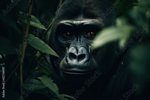 Beautiful gorilla peeking through leaves in the rainforest. Generative AI © Gelpi