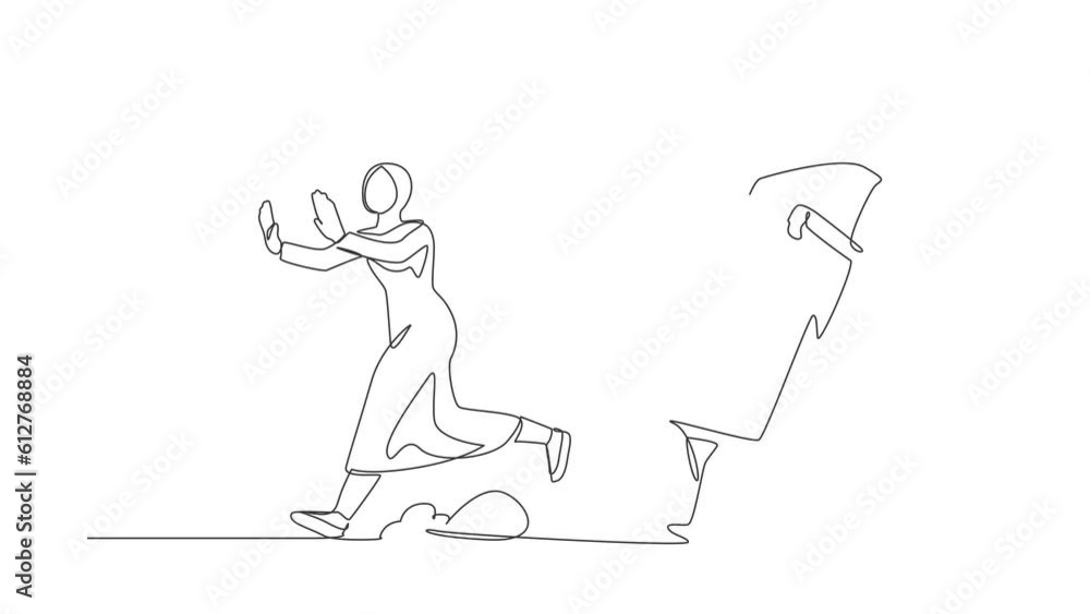 Animated self drawing of continuous line draw fright Arab businesswoman being chased by book. Smart employee hurry in higher education to pursue career growth at office. Full length one line animation Animated self drawing of continuous line draw fright Arab businesswoman being chased by book. Smart employee hurry in higher education to pursue career growth at office. Full length one line animation