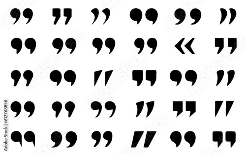 Set of quote mark. Quotes icon vector set. Quotemarks outline, speech marks, inverted commas or talking marks collection. Talk bubble speech icon. Black quotes icon. Vector illustration.