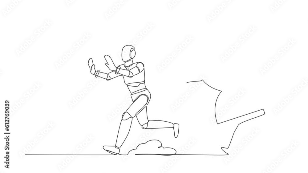 Animated self drawing of continuous line draw stressed robot being chased by hourglass. Afraid with work deadline, depression. Modern robotic artificial intelligence. Full length one line animation Animated self drawing of continuous line draw stressed robot being chased by hourglass. Afraid with work deadline, depression. Modern robotic artificial intelligence. Full length one line animation