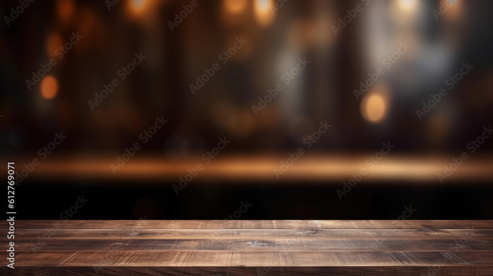 Empty dark wooden counter with an open window, in the style of bokeh panorama