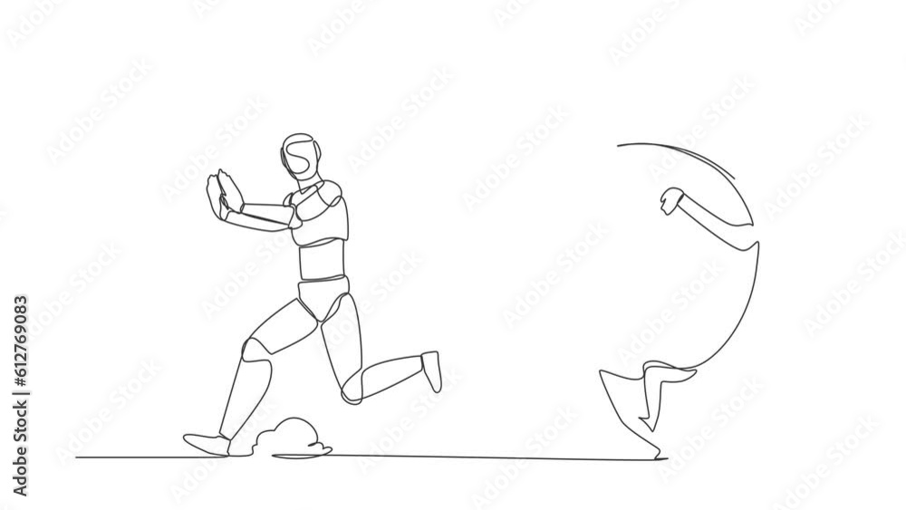 Animated self drawing of continuous line draw stressed robot being chased by time. Afraid with project schedule target, productivity. Robotic artificial intelligence. Full length one line animation Animated self drawing of continuous line draw stressed robot being chased by time. Afraid with project schedule target, productivity. Robotic artificial intelligence. Full length one line animation