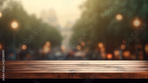 Empty dark wooden counter with an open window  in the style of bokeh panorama