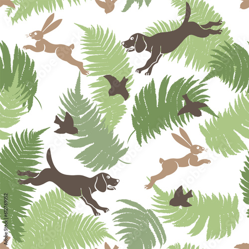 The beagle is chases a rabbit among the ferns. Seamless vector pattern. Hare hunting scene..