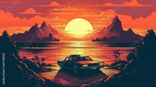 Summer vibes 80s style illustration with car driving into sunset. Generative AI