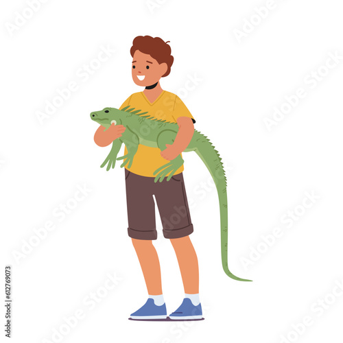 Child Joyfully Holding A Varan Pet, Face Filled With Excitement And Curiosity. Bond Between The Kid And Reptile