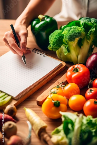 a person choosing healthy food options and preparing a grocery list. Generative AI,