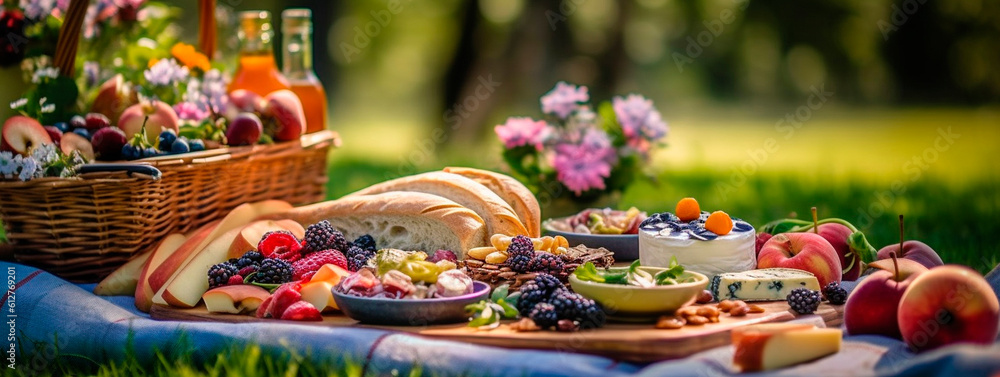 Fototapeta premium picnic basket overflowing with delicious food. Generative Ai,