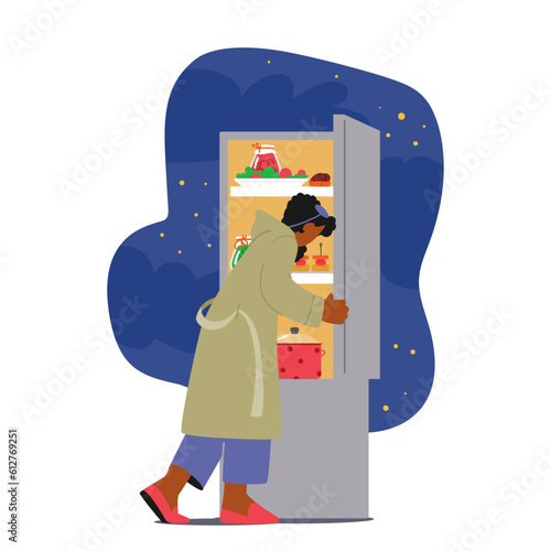 Late-night Fridge Raiding. Female Character Opens The Fridge In Search Of A Midnight Snack, Seeking Comfort