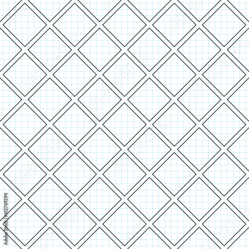 Seamless Geometric Pattern, Drawn on Checkered Notebook. Endless Modern Mosaic Texture. Fabric Textile, Wrapping Paper, Wallpaper. Vector Contour Illustration. Coloring Book Page