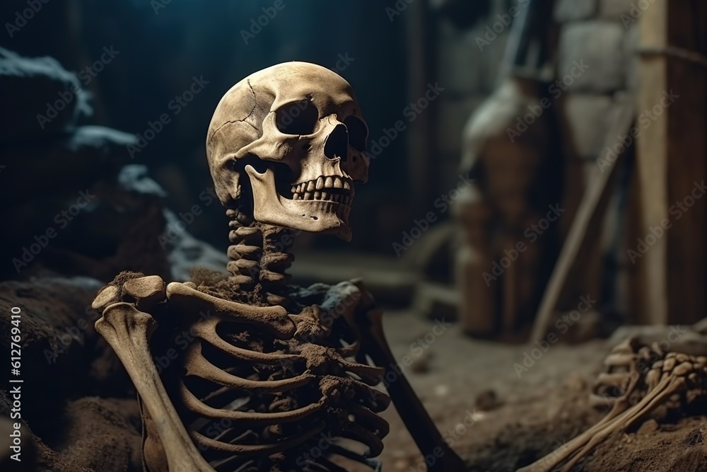 Old human skeleton in terrify place