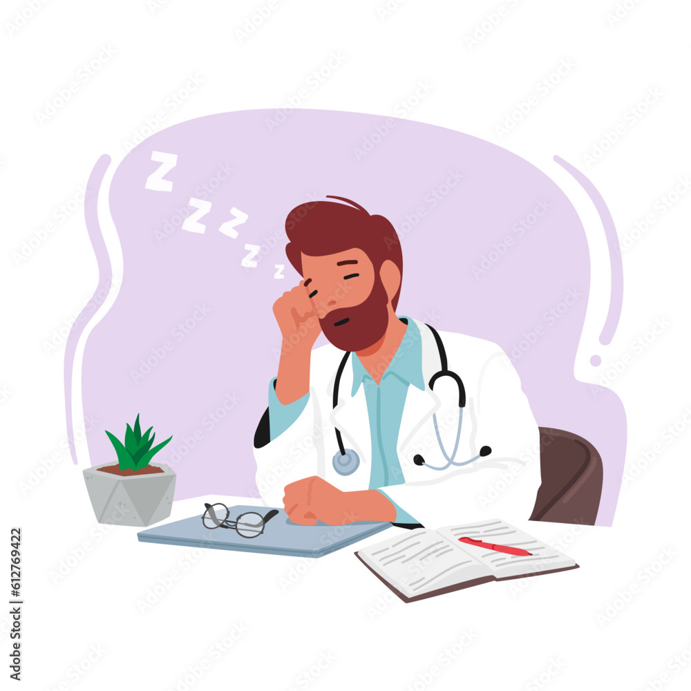 Exhausted Male Doctor Character Resting At His Desk With A Laptop, Showcasing The Demanding And Tireless Nature Exhausted Male Doctor Character Resting At His Desk With A Laptop, Showcasing The Demanding And Tireless Nature