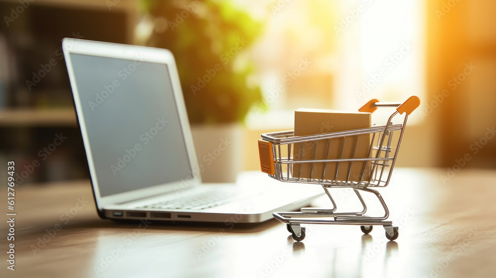 Model shopping cart and laptop keyboard on wood table in office background