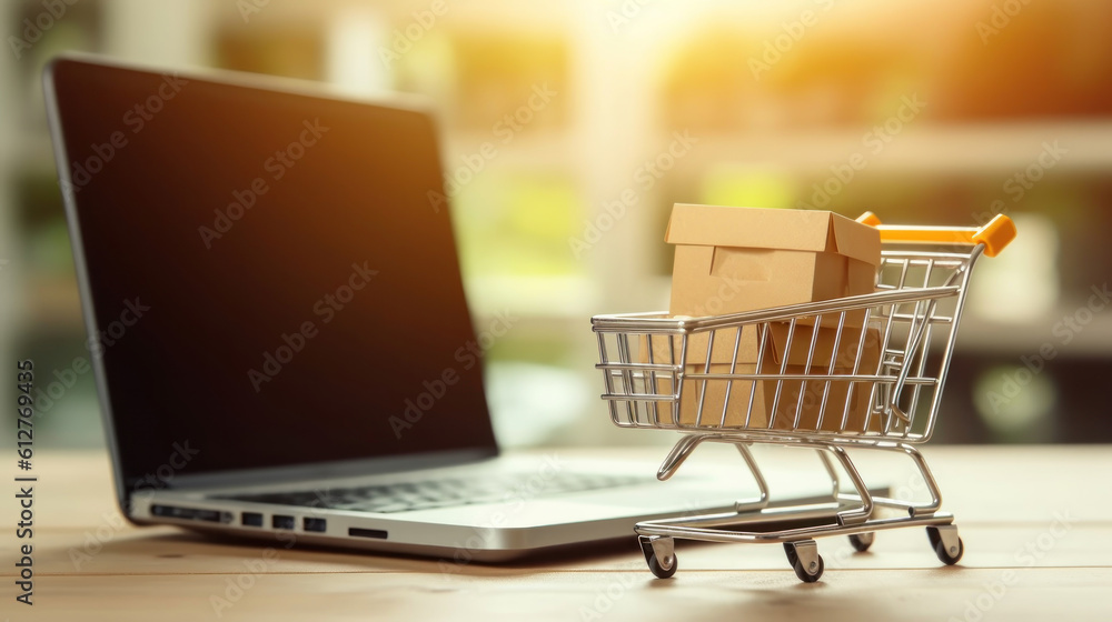 Model shopping cart and laptop keyboard on wood table in office background