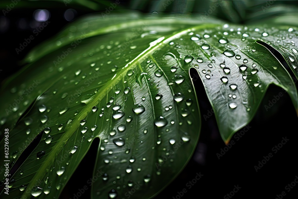 tropical green botanical jungle leaf with water droplets, water droplet on palm leaf in rainforest, tropic jungles plant tropical green botanical jungle leaf with water droplets, water droplet on palm leaf in rainforest, tropic jungles plant