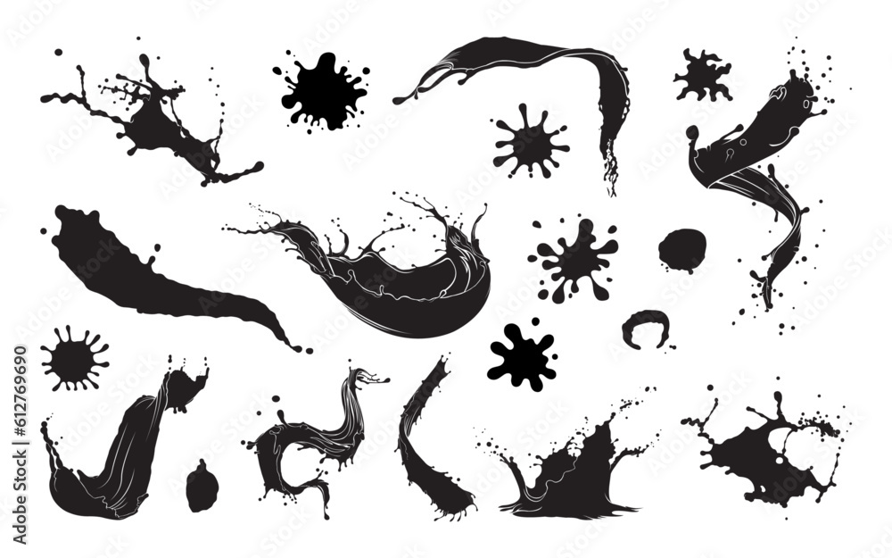Fototapeta premium Splash Water Vector Art: Captivating Set of Abstract Black Water Splash Icons on Transparent Background for a Refreshing Visual Experience