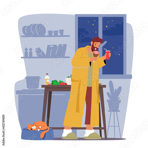 Nighttime Eating, Unhealthy Habit Where A Character Consumes Food Excessively During The Night, Vector Illustration