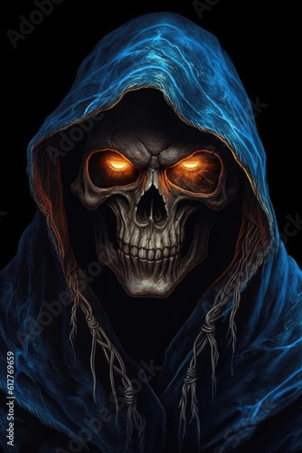 Skeleton figure with glowing blue eyes Hooded skull with fiery blue gaze