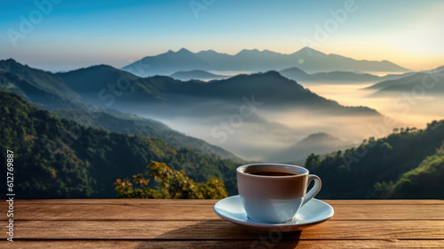 Coffee cup on wooden table to a mountain with beautiful blue sky, mountain, in the style of mist.