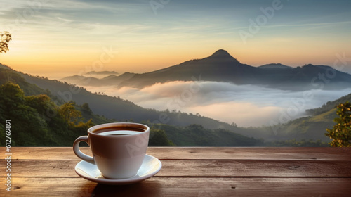 Coffee cup on wooden table to a mountain with beautiful blue sky, mountain, in the style of mist.