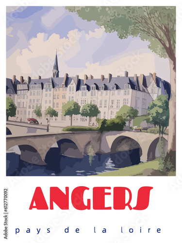 Angers: Retro tourism poster with a French landscape and the headline Angers / Pays de la Loire