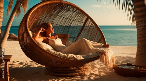 a woman relaxes and enjoys the sun on vacation on the beach in a wicker hammock. Generative Ai,