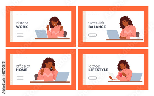 Woman Working On Laptop Landing Page Template. Girl Expresses Range Of Emotions Such As Concentration, Frustration