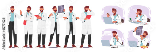 Professional Male Doctor Character In White Lab Coat With Stethoscope, Clipboard, X-ray And Laptop, Man Medic