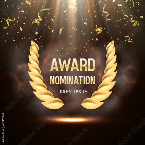 Award nomination with laurel wreath and falling confetti. Vector illustration.