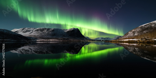 beautiful panoramic view of mountain range in winter with green Northern Lights
