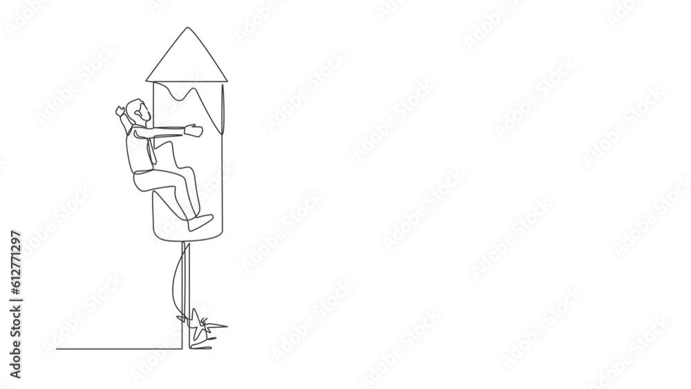 Animated self drawing of continuous line draw businessman ignites a fireworks rocket while his teammates prepare to fly on the rocket. Business motivation metaphor. Full length one line animation Animated self drawing of continuous line draw businessman ignites a fireworks rocket while his teammates prepare to fly on the rocket. Business motivation metaphor. Full length one line animation