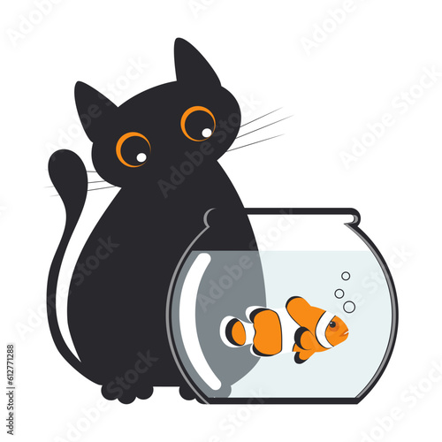 Funny cute black fat cat is watching on a clown fish in an aquarium isolated on a white background. Vector.