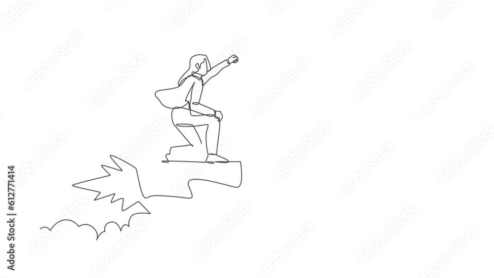 Animated self drawing of continuous line draw of businesswoman flying high riding firework rocket. Ready to transformation and launching new idea startup business. Full length single line animation Animated self drawing of continuous line draw of businesswoman flying high riding firework rocket. Ready to transformation and launching new idea startup business. Full length single line animation