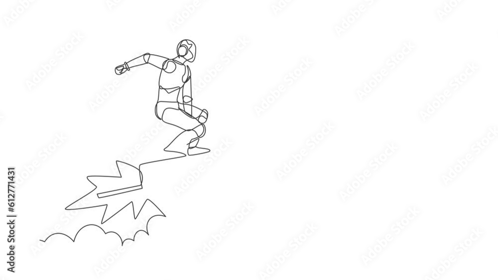 Self drawing animation of single line draw robot standing astride a rocket flying through the air. Humanoid robot cybernetic organism. Future robotic development. Continuous line. Full length animated Self drawing animation of single line draw robot standing astride a rocket flying through the air. Humanoid robot cybernetic organism. Future robotic development. Continuous line. Full length animated
