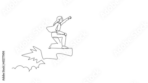 Animated self drawing of continuous line draw of businesswoman flying high riding firework rocket. Ready to transformation and launching new idea startup business. Full length single line animation